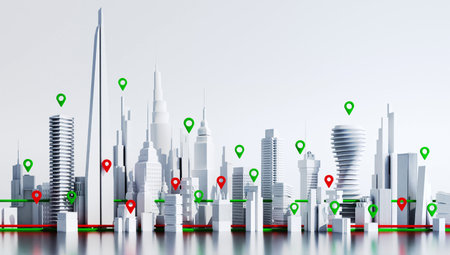 Modern city template 3D rendering illustration with city transport lines and  GPS icons indicators.