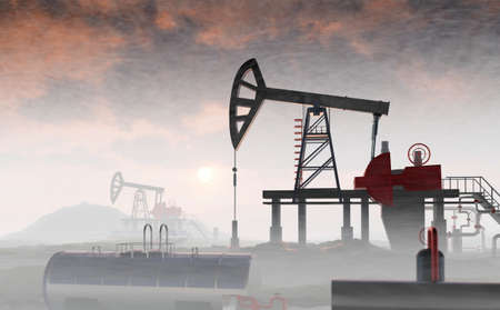 Oil pump, oil industry equipment, drilling derricks from oil field silhouette at sunset. Energy supply crisis. 3D renderingの写真素材