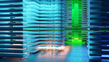 Electronic circuit board close up, computer chip, mother board with neon lights, 3D rendering...