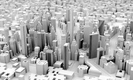 Modern city with skyscrapers, office buildings and residential blocks. 3D rendering illustration areal viewの写真素材