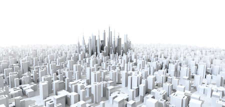 Modern city with skyscrapers, office and residential blocks, financial area perspective view from the grounds. 3D rendering illustration, panoramic viewの写真素材
