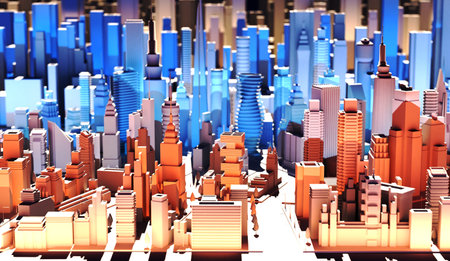 Modern city with skyscrapers, office and residential blocks, financial area with beautiful colourful...