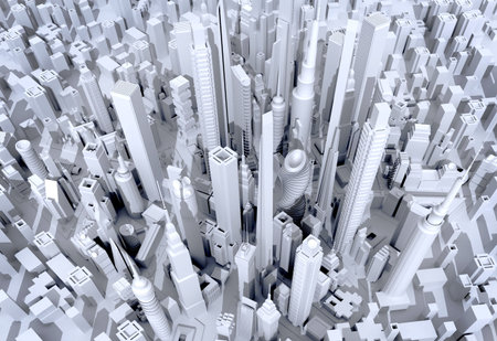 Top view of Modern city with skyscrapers, office buildings and residential blocks. 3D rendering...