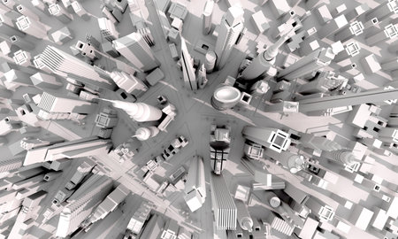 Top view of Modern city with skyscrapers, office buildings and residential blocks. 3D rendering...
