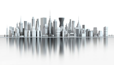 Beautiful panoramic view of city 3D model. Modern city with skyscrapers, office buildings and...