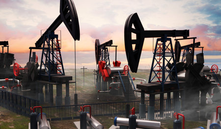 Oil pump, oil industry equipment, drilling derricks silhouette from oil field at sunset. Energy...
