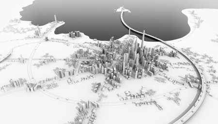 Panoramic view of beautiful modern city with skyscrapers, which locates on the lake. Suburb area,...