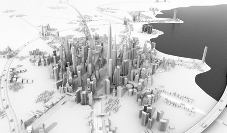 Panoramic view of beautiful modern city with skyscrapers, which locates on the lake. Suburb area,...