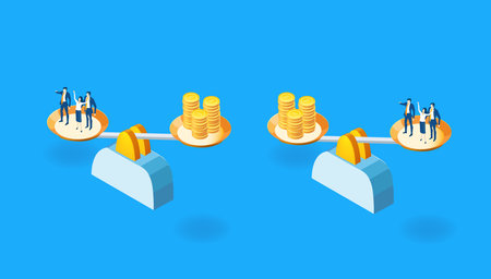 Business people and scale, businessman negotiating the deal, working as a team, winning and competitive aspect. Isometric infographic illustration.のイラスト素材