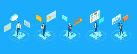 Isometric working environment, infographic illustration. Business people working together, reading...