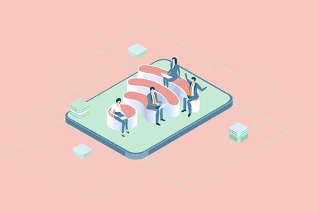 Business people working online, negotiating a deal.  Isometric working environment, infographic...