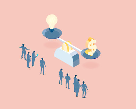 Isometric business environment. Business people working and having meeting around big light build as...