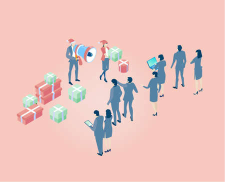 Isometric business environment. Business people, team gets Christmas presents. Bonus, celebrations, holiday concept illustrationのイラスト素材