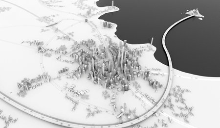 Panoramic view of beautiful modern city with skyscrapers and long bridge over the lake.  3D...