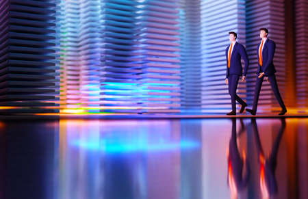 3D rendering illustration.  Business people  walking in modern server room with neon lights. Technology, success, internet, data protection and personal security conceptの写真素材