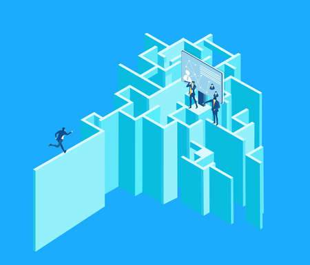 Business people working in labyrinth, work as team, find solution, make progress. business concept Isometric illustrationのイラスト素材