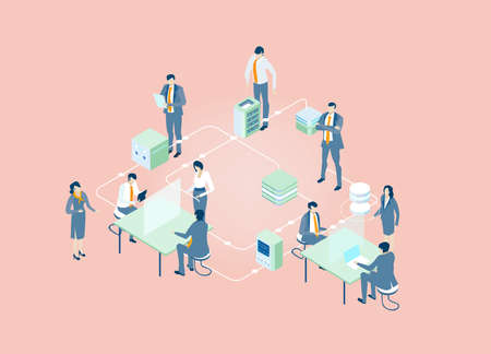 Business people working together, solving the problems, making decisions and progress. Isometric environment  illustrationのイラスト素材