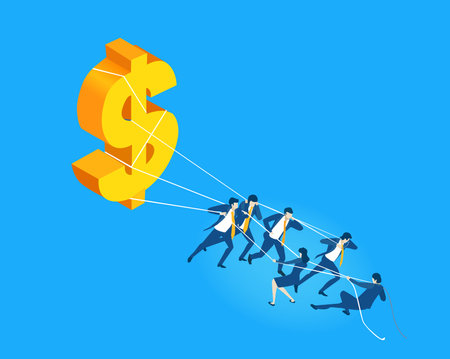 Business people pulling big Golden dollar sign. Money, banking, investment strategy, advisory and saving concept. Isometric illustrationのイラスト素材