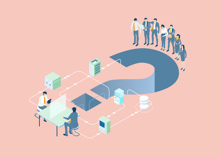 Business people working together next to big question mark. Making decisions, help each other....