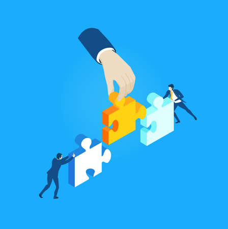 Business people working with puzzles, make decisions, solving the problems, making decisions and progress. Isometric environment  illustrationのイラスト素材