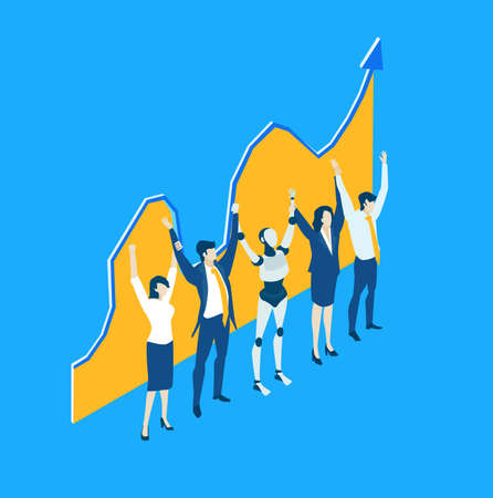 Isometric 3D business environment with business people holding hands up as winners. Celebrate success, work together as teamのイラスト素材