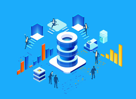 Isometric 3D business concept environment, Business people working in server room, technology, big...