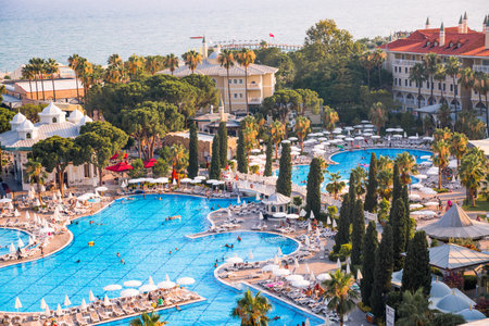 Turkey, Antalya, Lara beach - July 9, 2022:  Topkapi palace hotel view.のeditorial素材