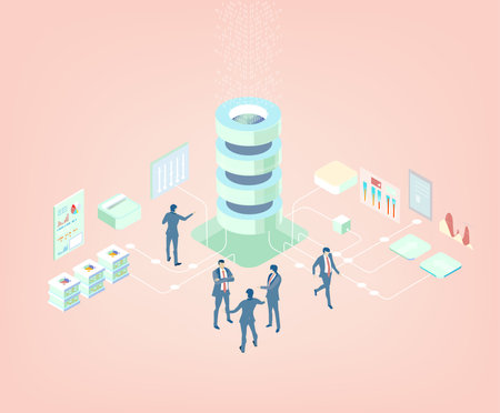 Isometric 3D business concept environment, Business people working in server room, technology, big...