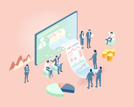 Isometric 3D business concept environment, Business people working in server room, technology, big...
