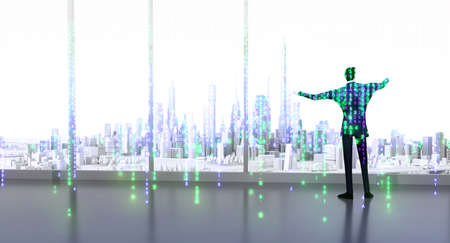 3D rendering illustration of Successful businessman in the office. Businessman looks over the City from his office.の写真素材
