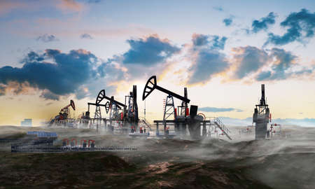 Oil pump, oil industry equipment, drilling derricks silhouette from oil field at sunset. Energy supply crisis, power supply, energy crisis. 3D renderingの写真素材
