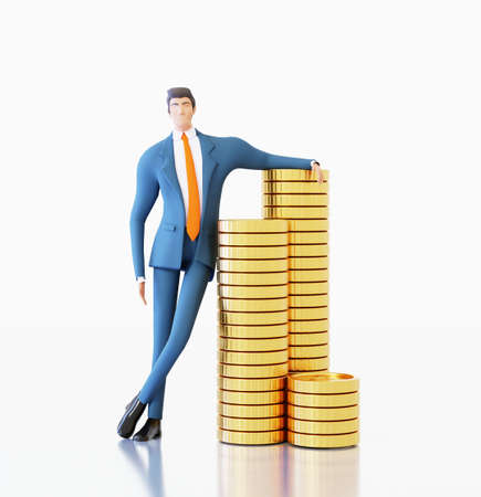Successful businessman banker stays next to golden coin stacks. 3D rendering illustration.の写真素材