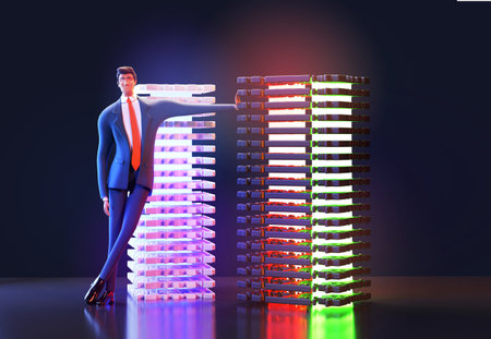 Successful businessman  stays next to server shelves, which glowing with neon lights. Data,...