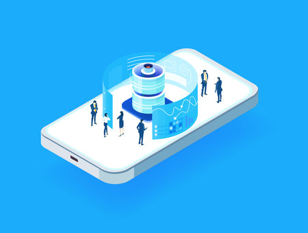 Isometric business environment with business people working and communicating in server room. Dig...