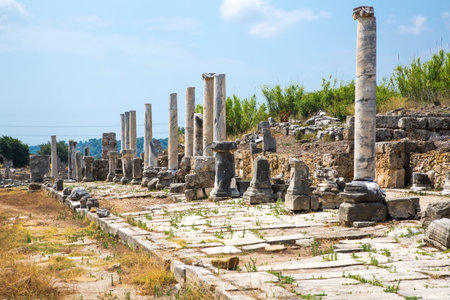 Perge, Colonnaded street and a water channel runs in the middle of the street from the Nymphaion fountain. Dated by period of the Emperor Hadrian 334 BC. Turkeyの写真素材