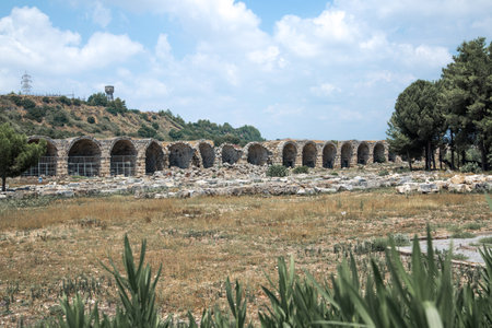 Perge, Stadium ruins 234 m length, 15000 people capacity. Greco-Roman ancient city Perga. Greek colony from 7th century BC, conquered by Persians and Alexander the Great in 334 BC.のeditorial素材