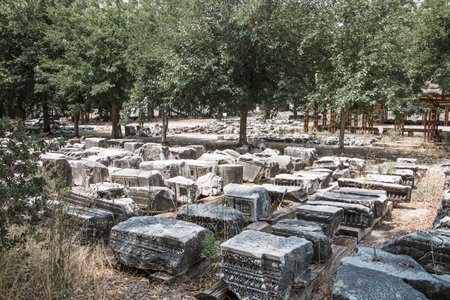 Perge. Ruins of the City Wall from the Hellenistic age. Greco-Roman ancient city Perga. Greek colony from 7th century BC, conquered by Persians and Alexander the Great in 334 BC.のeditorial素材