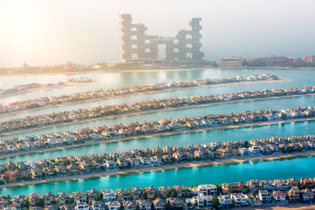 New Atlantic apartments at The Palm Jumeirah. Holidays villas, beaches and luxury hotels view at sunset. Dubai, UAEのeditorial素材