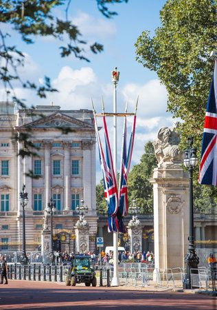 London, UK - September 16, 2022: British flags on Pall Mall during funeral ceremony of  Queen Elizabeth IIのeditorial素材
