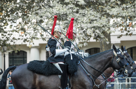London, UK - September 16, 2022: Queens Horseguards. The last way of the Queen Elizabeth II. Pall Mall decorated with British flags for funeral ceremony.のeditorial素材