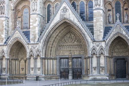 London, UK - September 16, 2022: Main doors of Westminster Abbey  during the funeral ceremony of Queen Elizabeth IIのeditorial素材