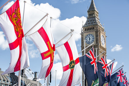 London, UK - September 16, 2022:  Big Ben, British and commonwealth countries flags during the funeral ceremony of Queen Elizabeth IIのeditorial素材