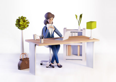 Successful happy business woman in her office sits by the desk. 3D rendering illustrationの写真素材