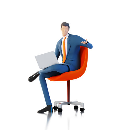 Successful confident businessman sits in chair and works with laptop.  3D rendering illustrationの写真素材