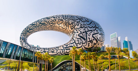 Dubai, UAE, Egg shaped building Museum of the Future at sunset.のeditorial素材