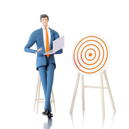 Successful businessman stands next to target aim. 3D rendering illustrationの写真素材
