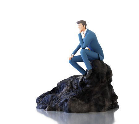 Successful businessman sits on top of the mountain pick. Thinker. New start up, business strategy concept 3D rendering illustrationの写真素材