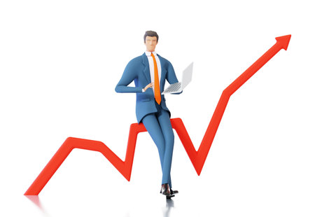 Successful businessman stand next to arrow. Banker, investor represents stability and  growth. 3D rendering illustrationの写真素材