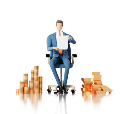 Successful businessman sits on the chair and works with laptop. 3D rendering illustrationの写真素材