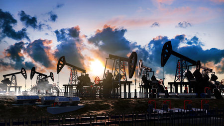 Drilling derricks silhouette from oil field at sunset. Energy supply crisis, power supply, energy crisis. Oil pump, oil industry equipment, 3D rendering illustrationの写真素材